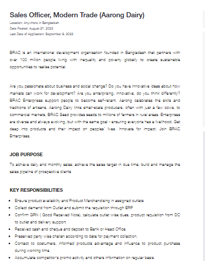 Sales Officer, Modern Trade (Aarong Dairy)