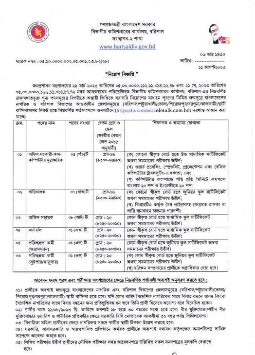 Divisional Commissioner Office, Barishal Job Circular in 2023