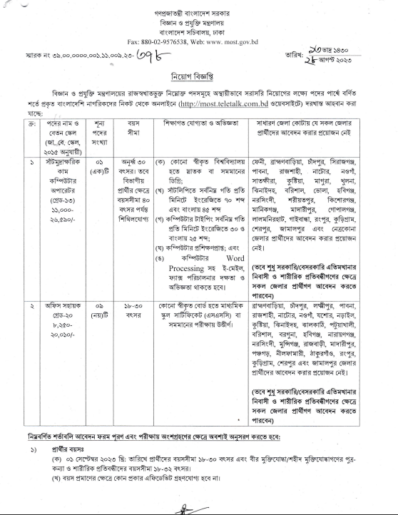 Ministry of Science and Technology (MOST) Job Circular, Published in 2023